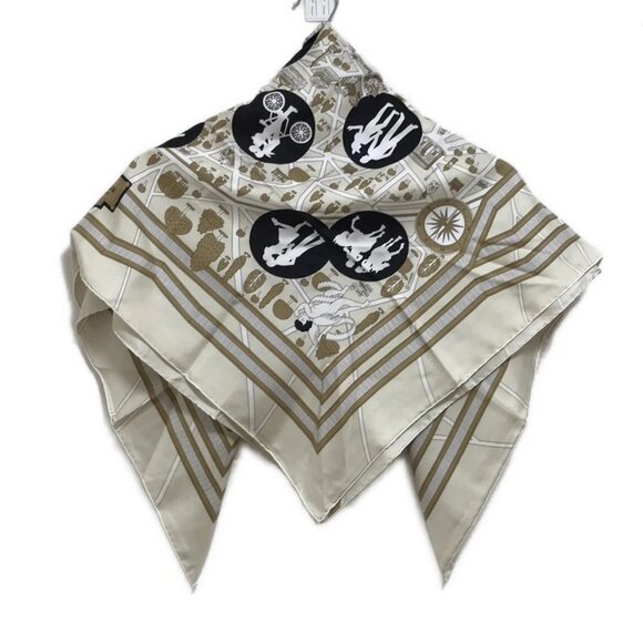 HERMES Carre 90 - Beige Black White Scarf 328-072525 - Picture 2 of 6